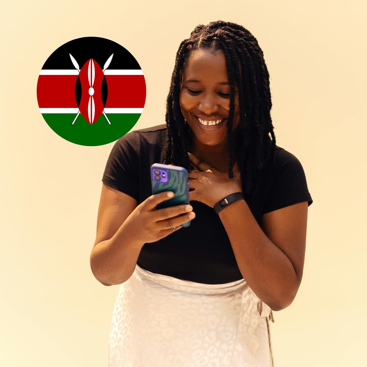 A Chumz user smiling at her phone, with the Kenyan flag