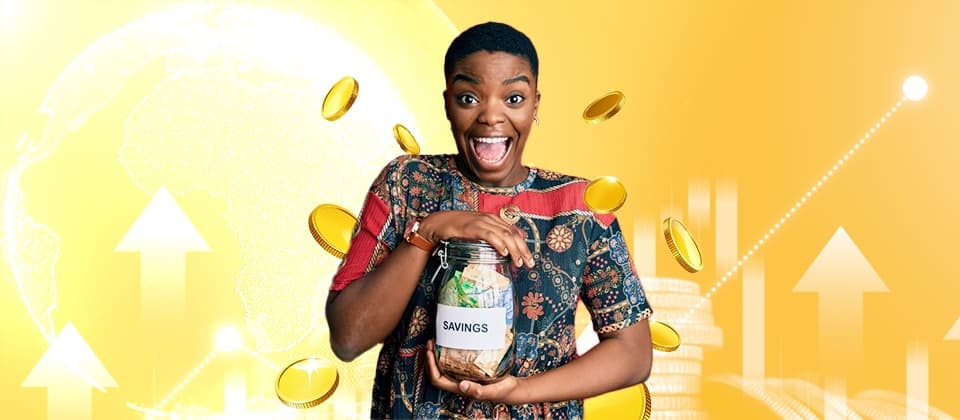 A saver celebrating with a jar of coins