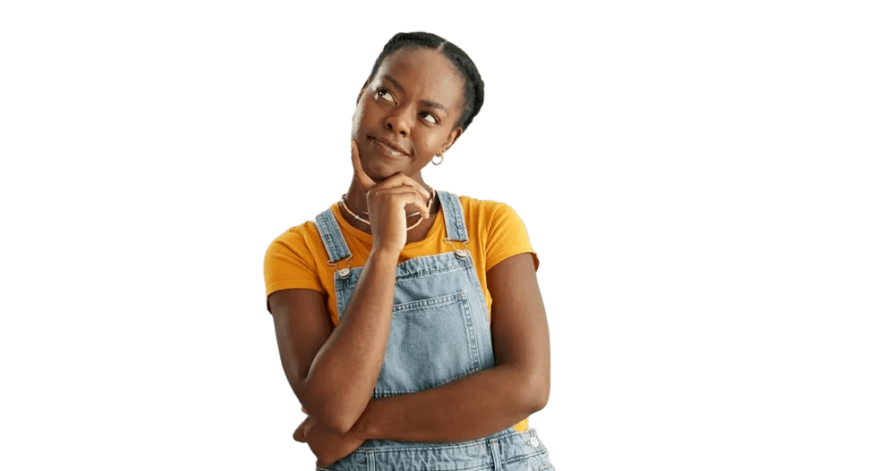 A young woman pausing to think, hand on her chin
