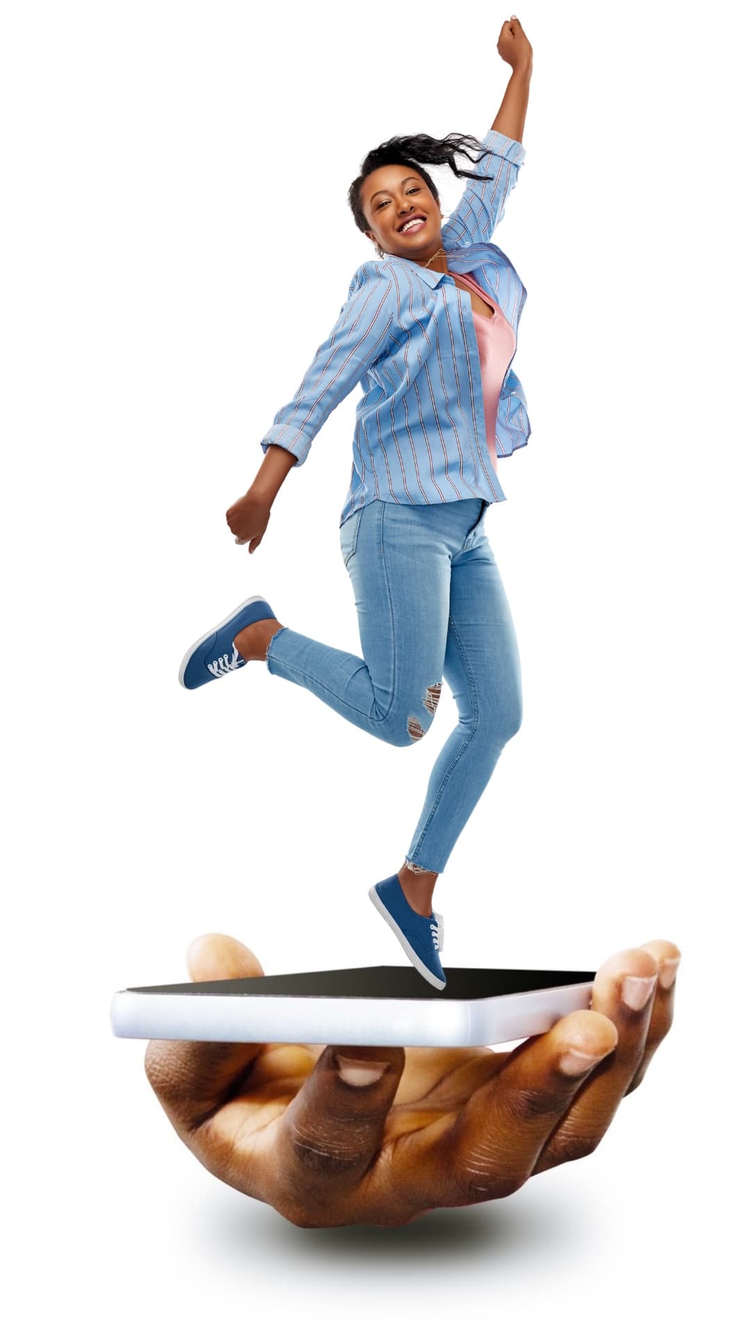 A woman leaping joyfully above a smartphone held in an outstretched hand