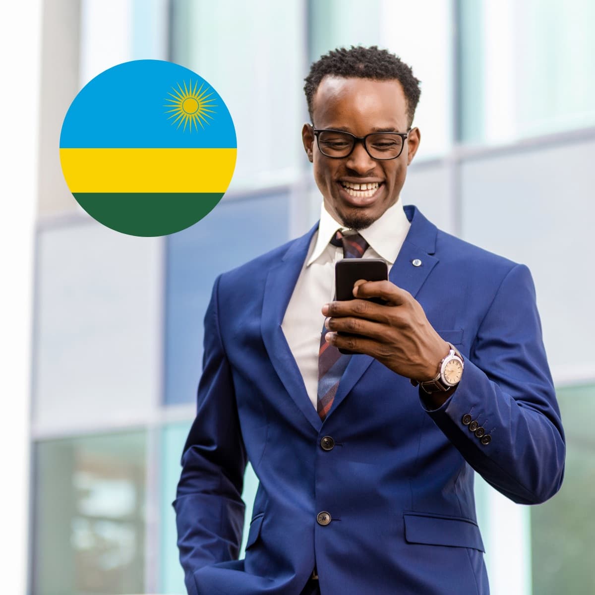 A Tunzi user checking his phone, with the Rwandan flag